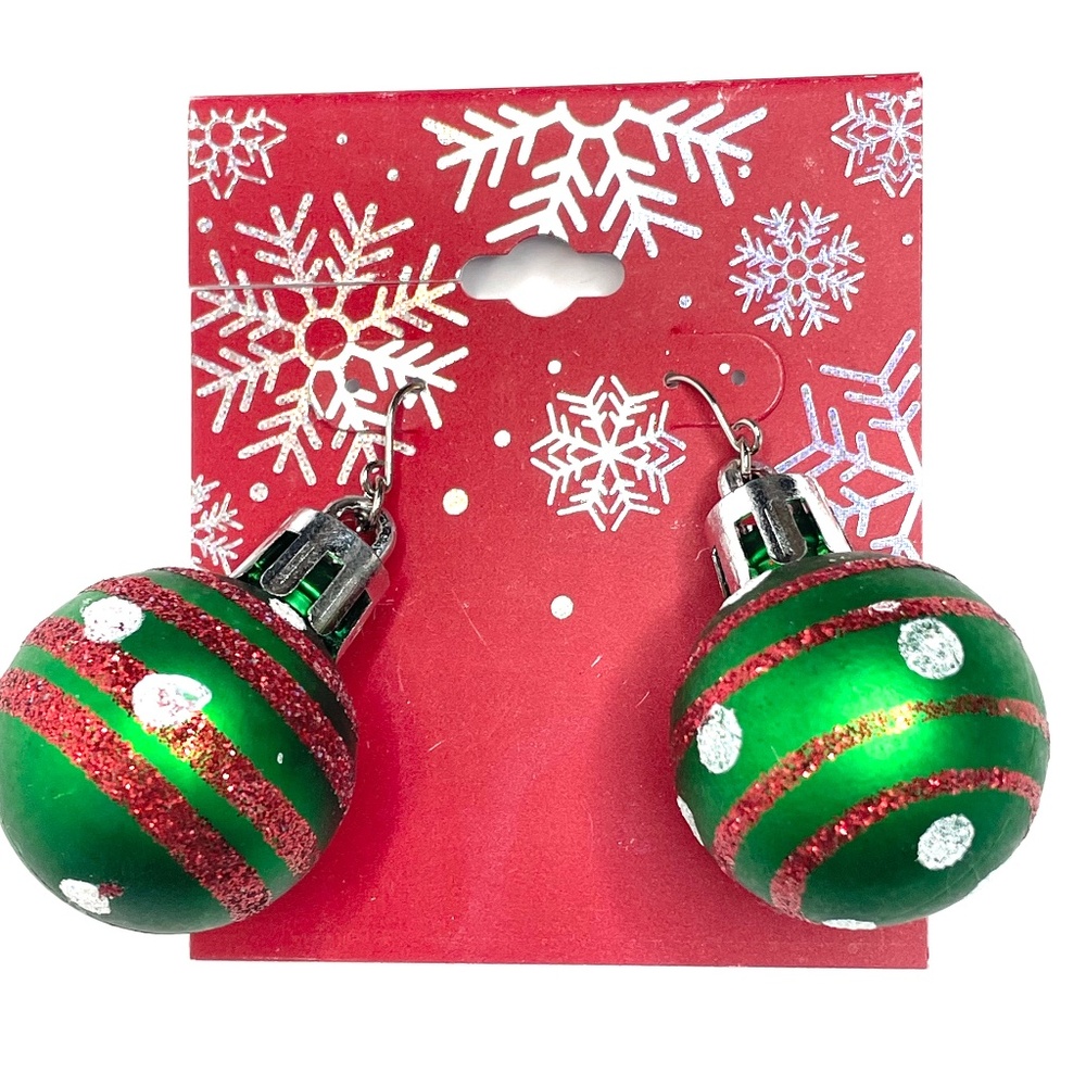 CHRISTMAS BALL ORNAMENT EARRINGS 3D DANGLE DROP GREEN & RED GLITTER NWT